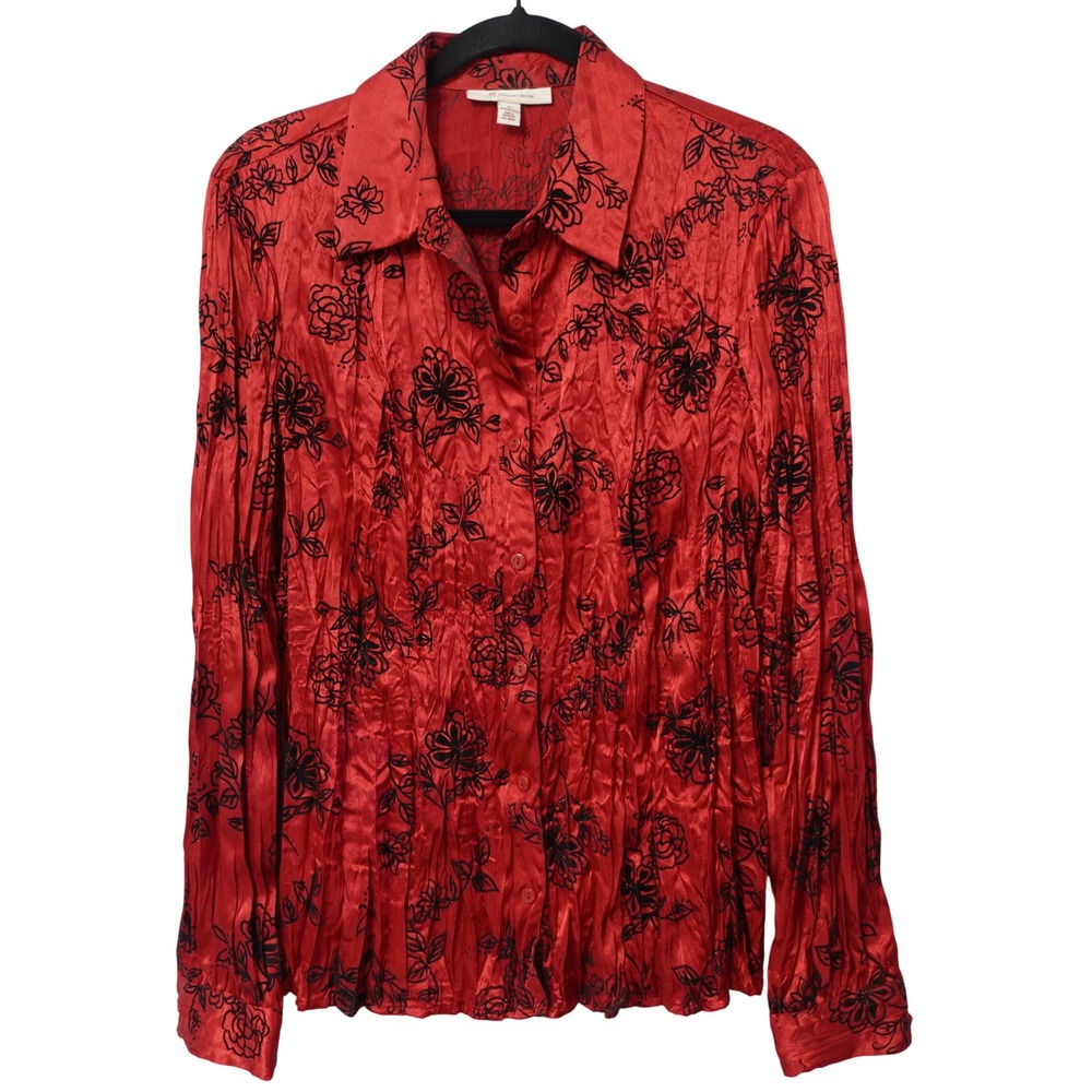 Red Black Floral Crinkle Satin Button Down Shirt Blouse 12 Valentines Top Velvet